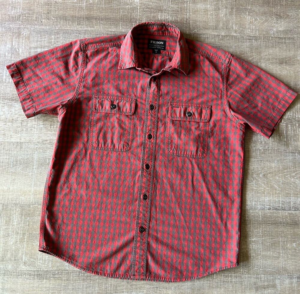 Filson Gingham Short Sleeve Work Shirt Mens M Red Gray 100% Cotton Outdoor EUC